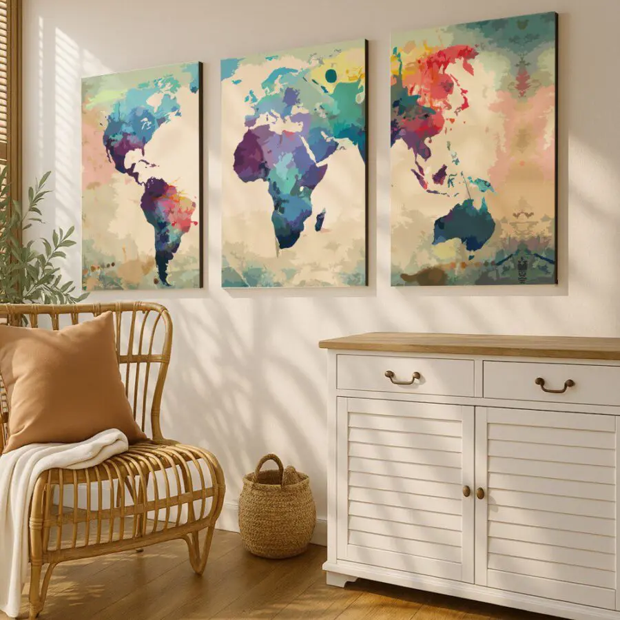Mural Tríptico Mapamundi Acuarela