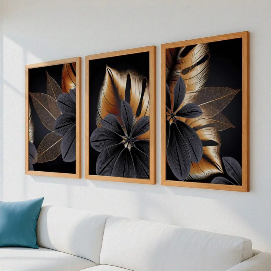 Mural Tríptico Golden Leaves Black