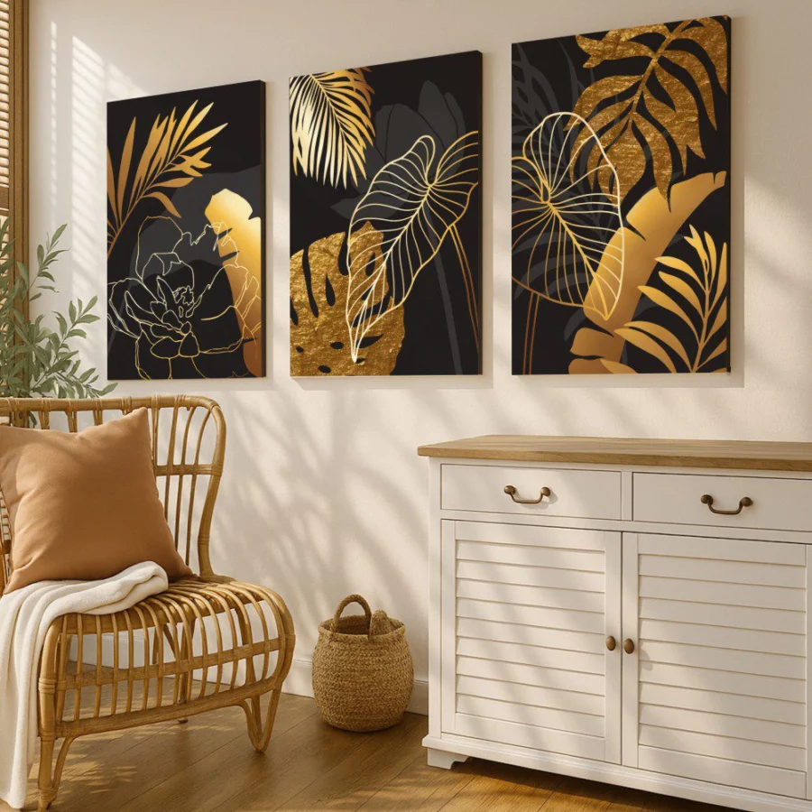 Mural Tríptico Pétalos Dorados