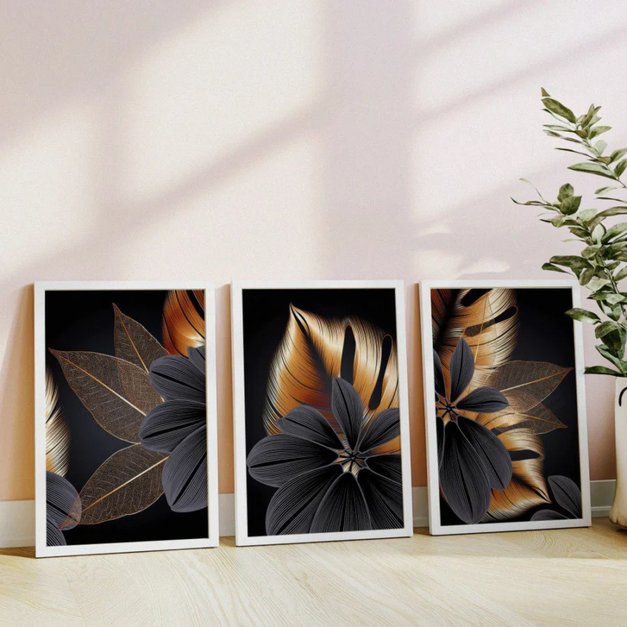 Mural Tríptico Golden Leaves Black