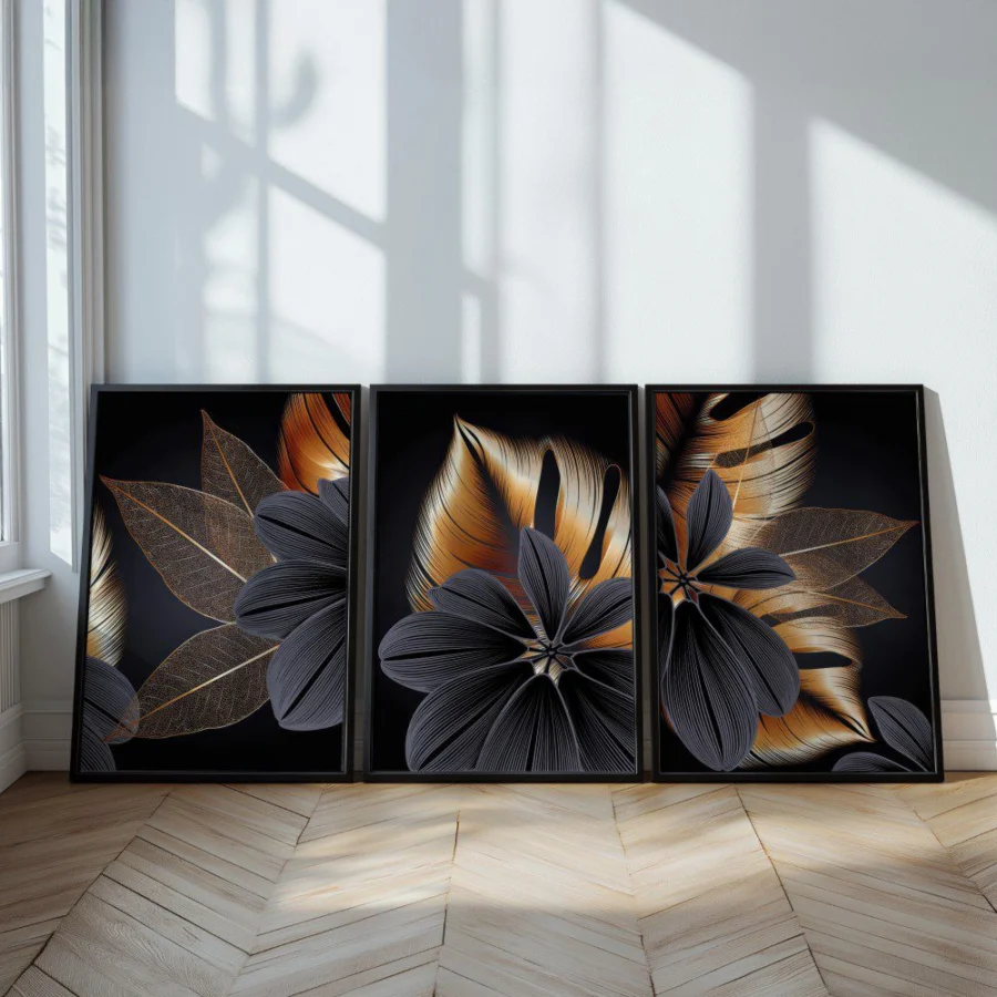 Mural Tríptico Golden Leaves Black