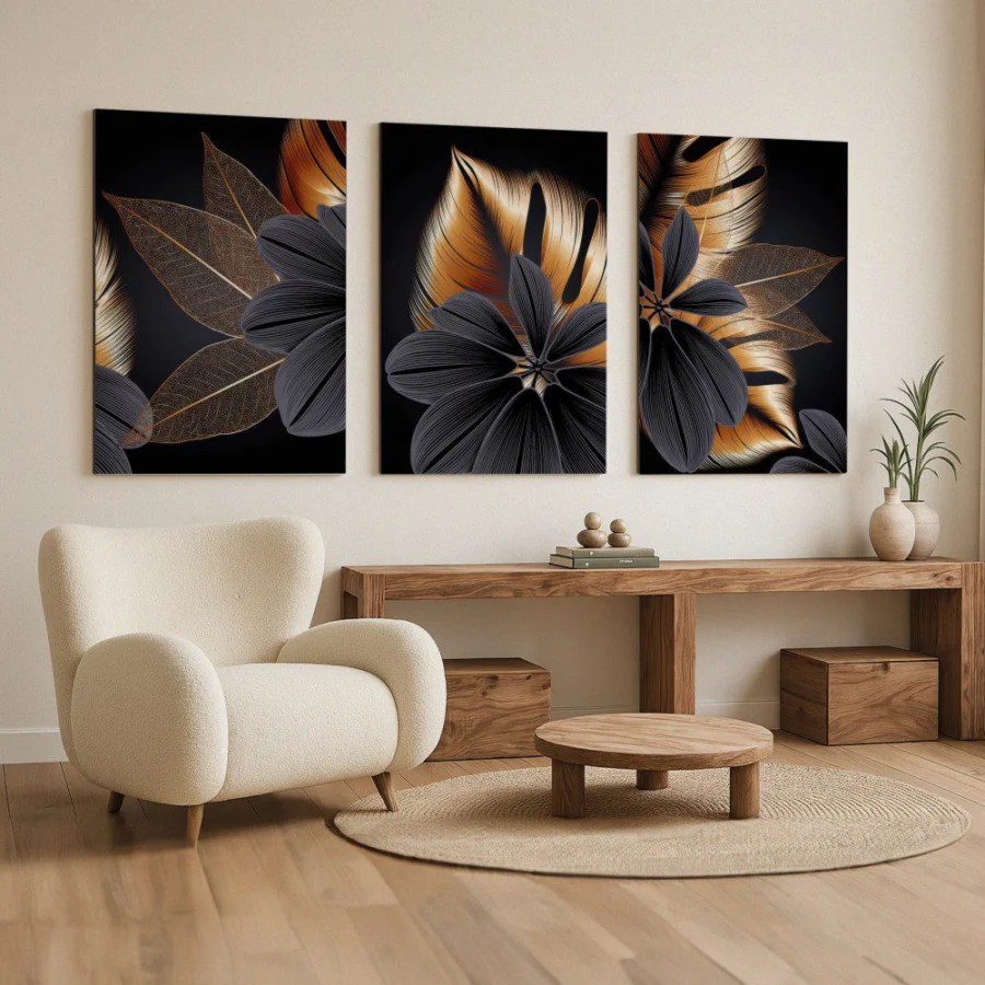 Mural Tríptico Golden Leaves Black