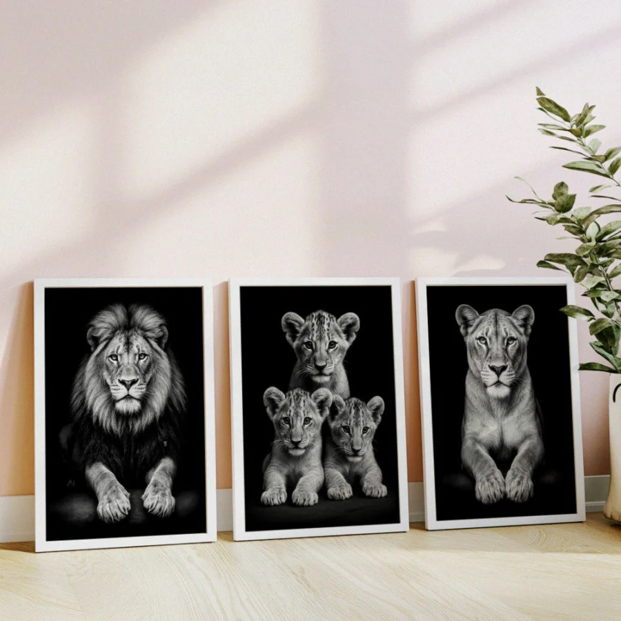 Mural Tríptico Lion Family Black