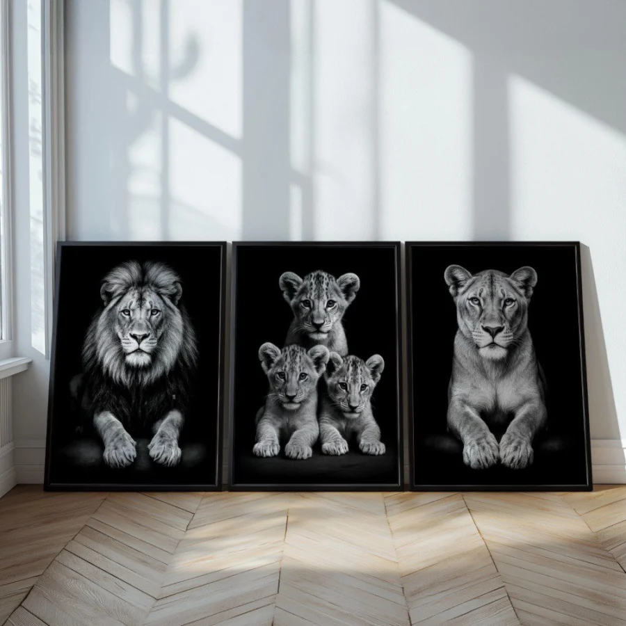 Mural Tríptico Lion Family Black