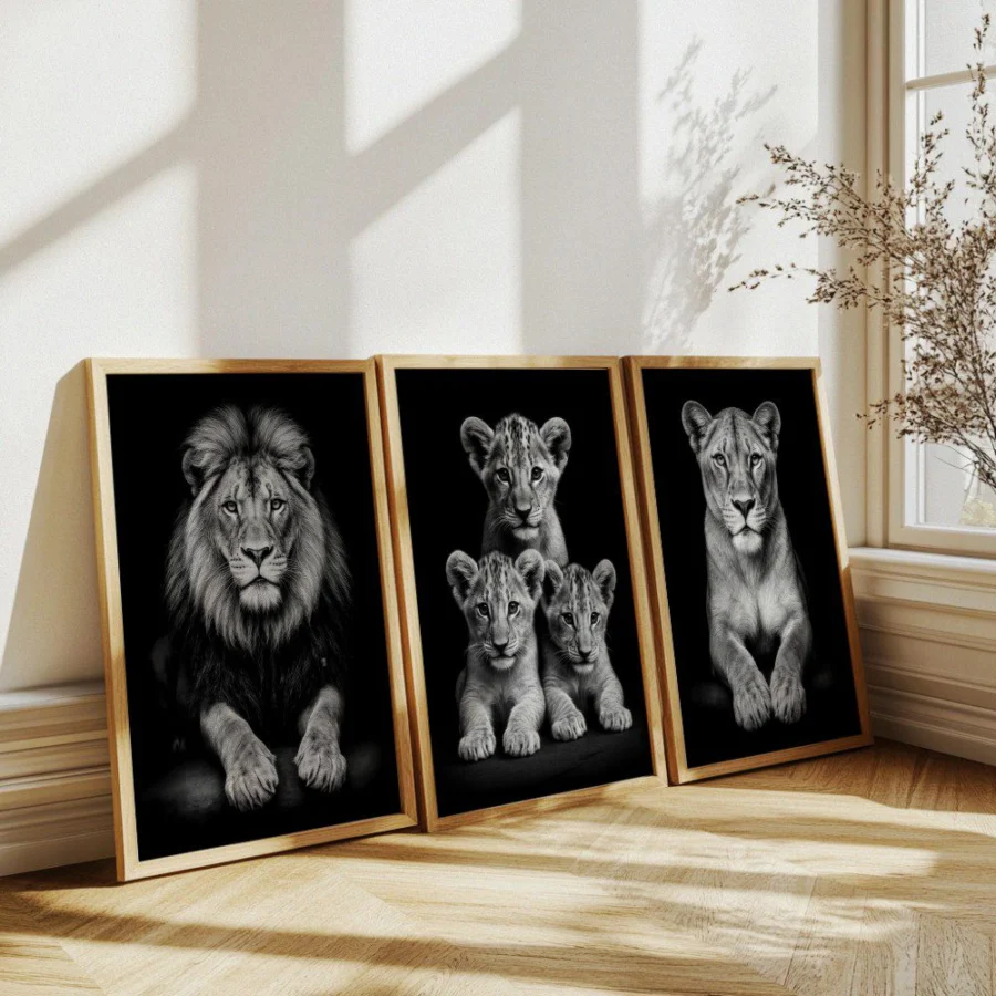 Mural Tríptico Lion Family Black