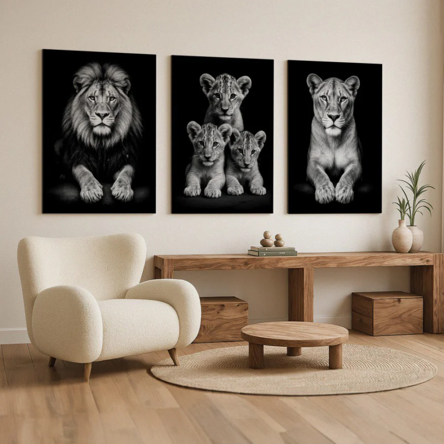 Mural Tríptico Lion Family Black
